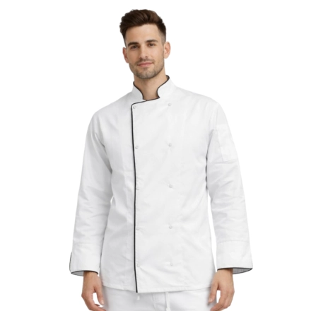 Bluza kucharska biała na zatrzaski długi rękaw lamówka czarna roz.M – bluza kucharska – odzież gastronomiczna